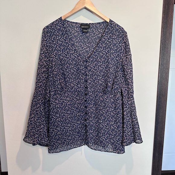Lane Bryant Tops - Lane Bryant Sheer Navy Blue Floral Rose Print Bell Sleeve Top Size 18/20
